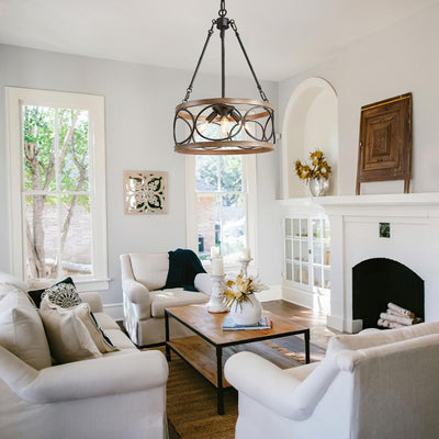 Farmhouse 4-Light Wood Drum Pendant Chandelier with Adjustable Chain