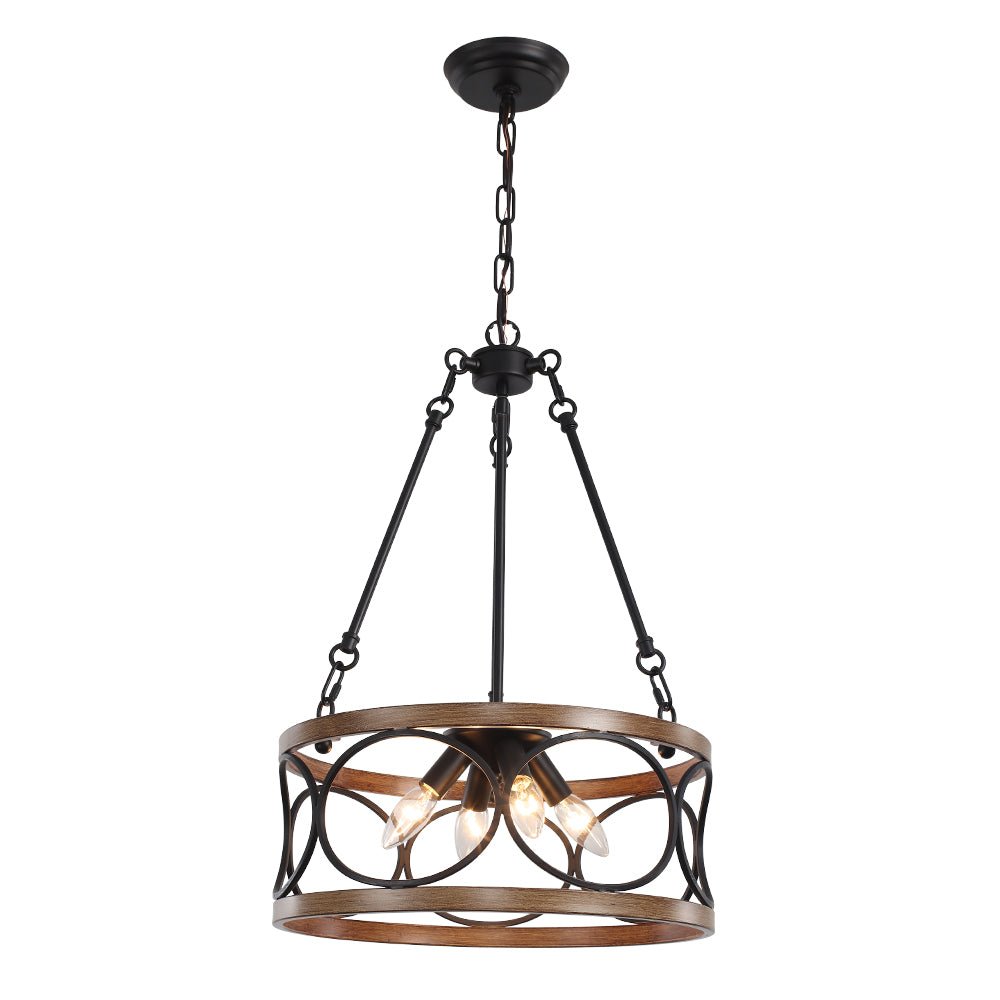 Farmhouse 4-Light Wood Drum Pendant Chandelier with Adjustable Chain