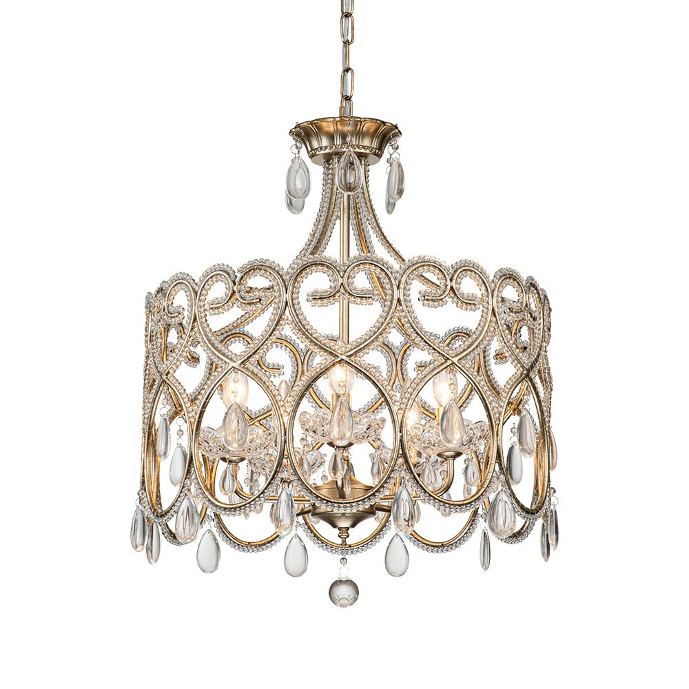Elegant French Style 5-Light Brass Drum Pendant with Sparkling Crystal Accents
