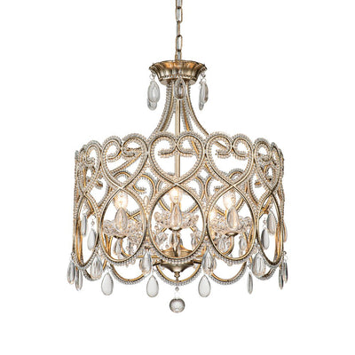 Elegant French Style 5-Light Brass Drum Pendant with Sparkling Crystal Accents