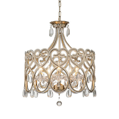 Elegant French Style 5-Light Brass Drum Pendant with Sparkling Crystal Accents