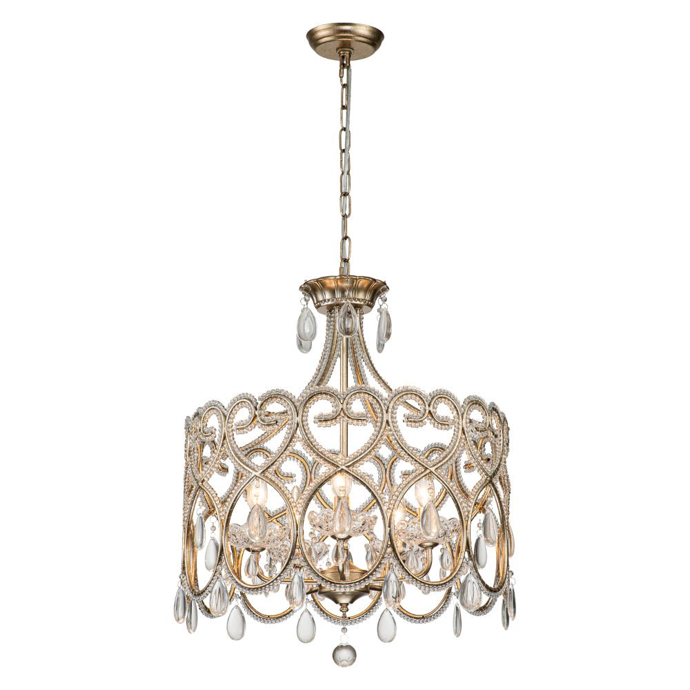 Elegant French Style 5-Light Brass Drum Pendant with Sparkling Crystal Accents