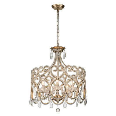 Elegant French Style 5-Light Brass Drum Pendant with Sparkling Crystal Accents