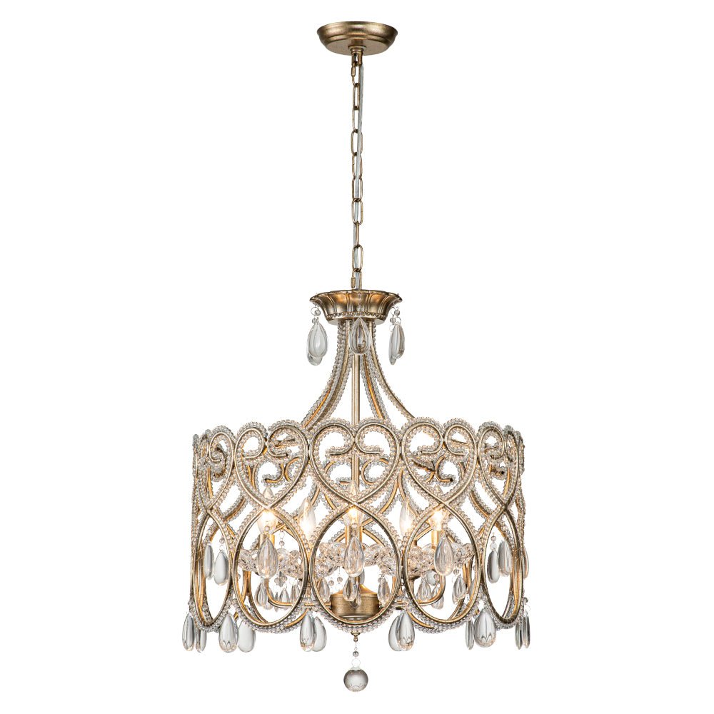 Elegant French Style 5-Light Brass Drum Pendant with Sparkling Crystal Accents
