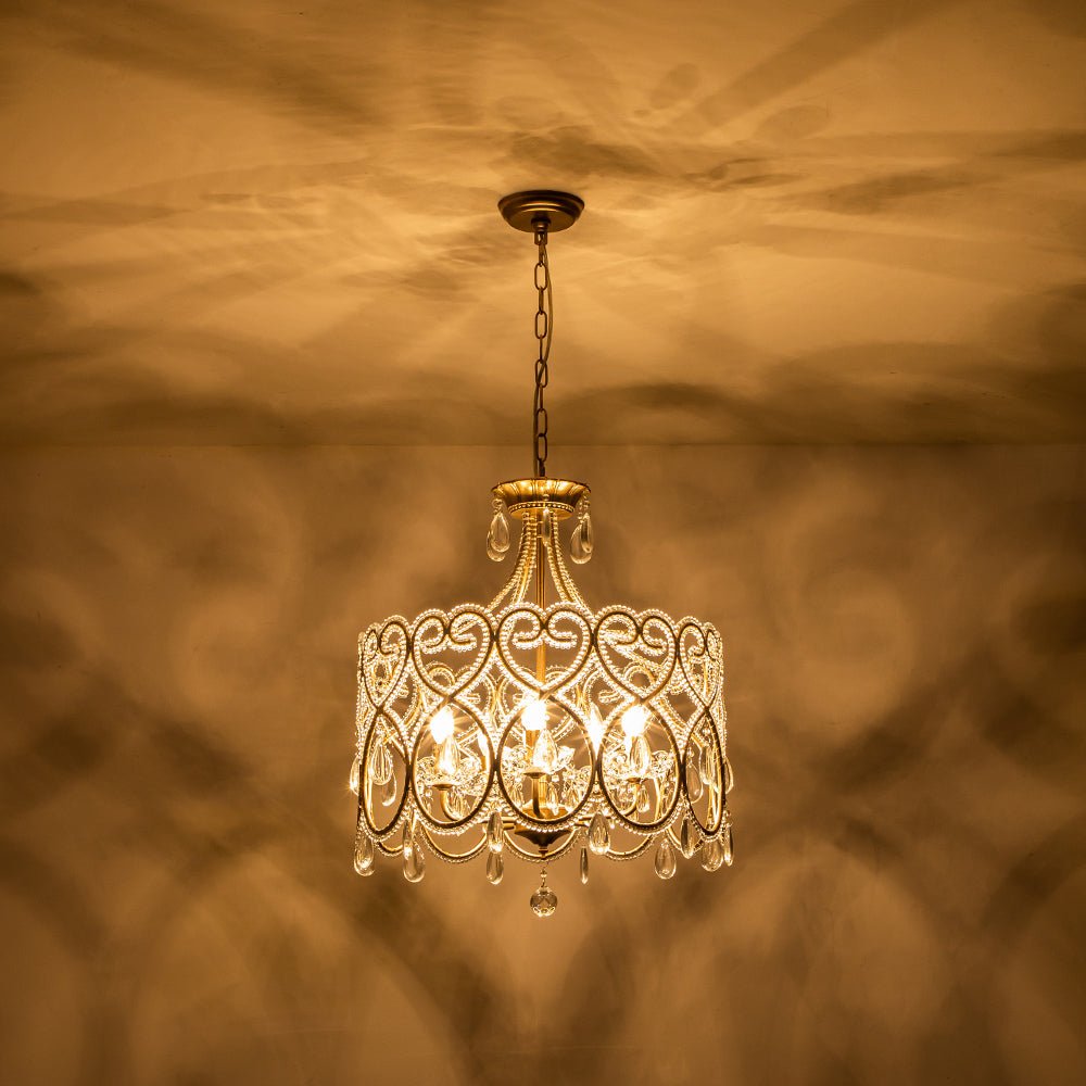 Elegant French Style 5-Light Brass Drum Pendant with Sparkling Crystal Accents