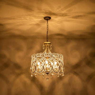 Elegant French Style 5-Light Brass Drum Pendant with Sparkling Crystal Accents