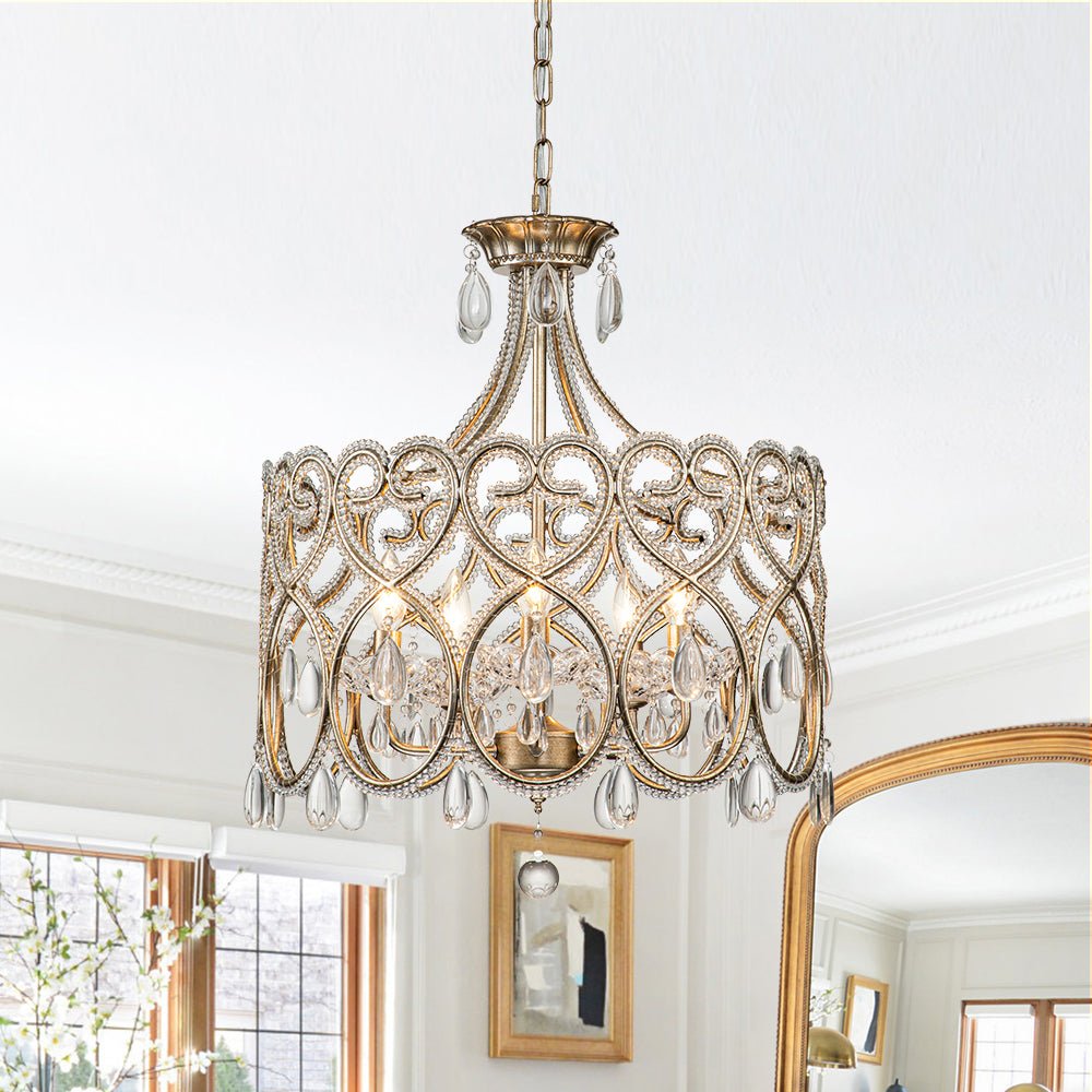 Elegant French Style 5-Light Brass Drum Pendant with Sparkling Crystal Accents