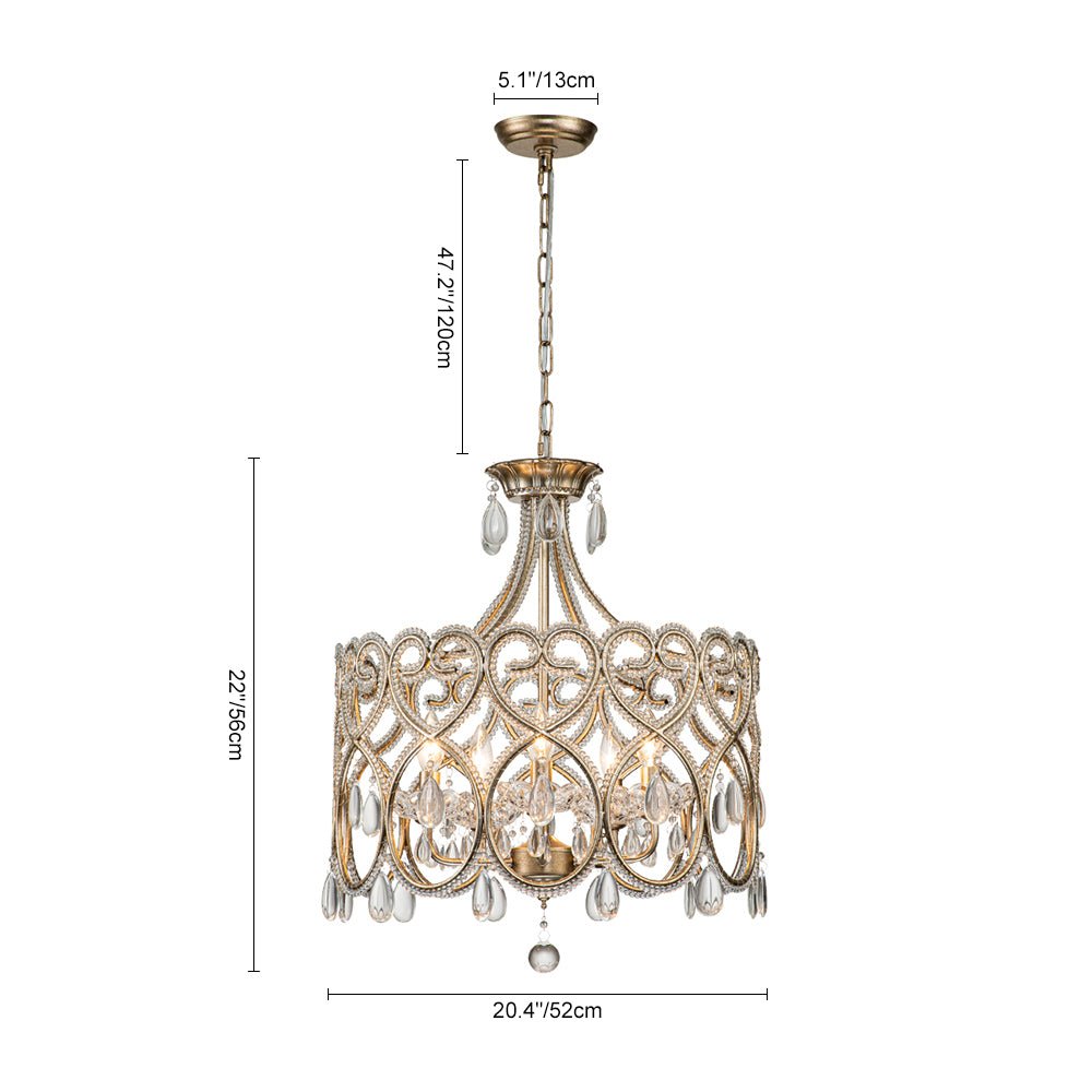Elegant French Style 5-Light Brass Drum Pendant with Sparkling Crystal Accents