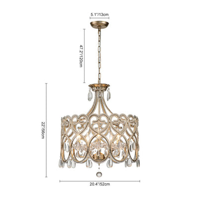 Elegant French Style 5-Light Brass Drum Pendant with Sparkling Crystal Accents