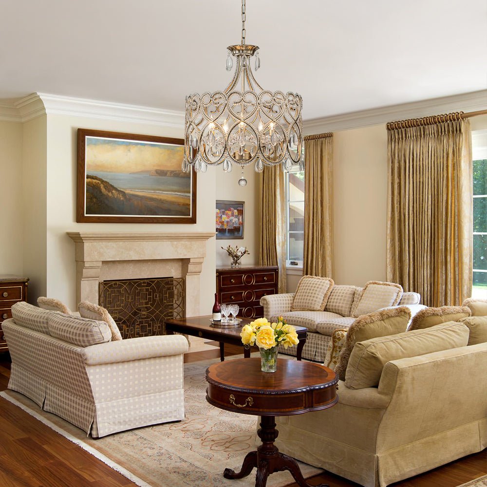Elegant French Style 5-Light Brass Drum Pendant with Sparkling Crystal Accents