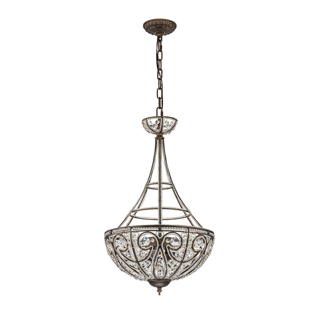 French Vintage Mottled Bronze 4-Light Crystal Chandelier Pendant, Empire Style