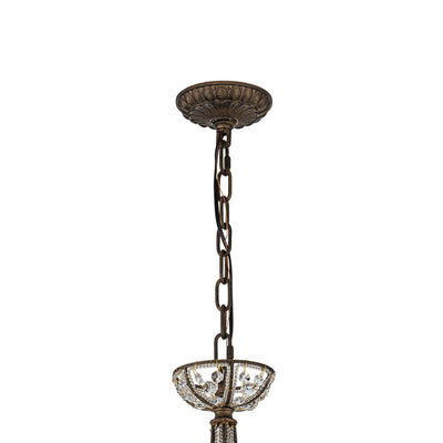 French Vintage Mottled Bronze 4-Light Crystal Chandelier Pendant, Empire Style