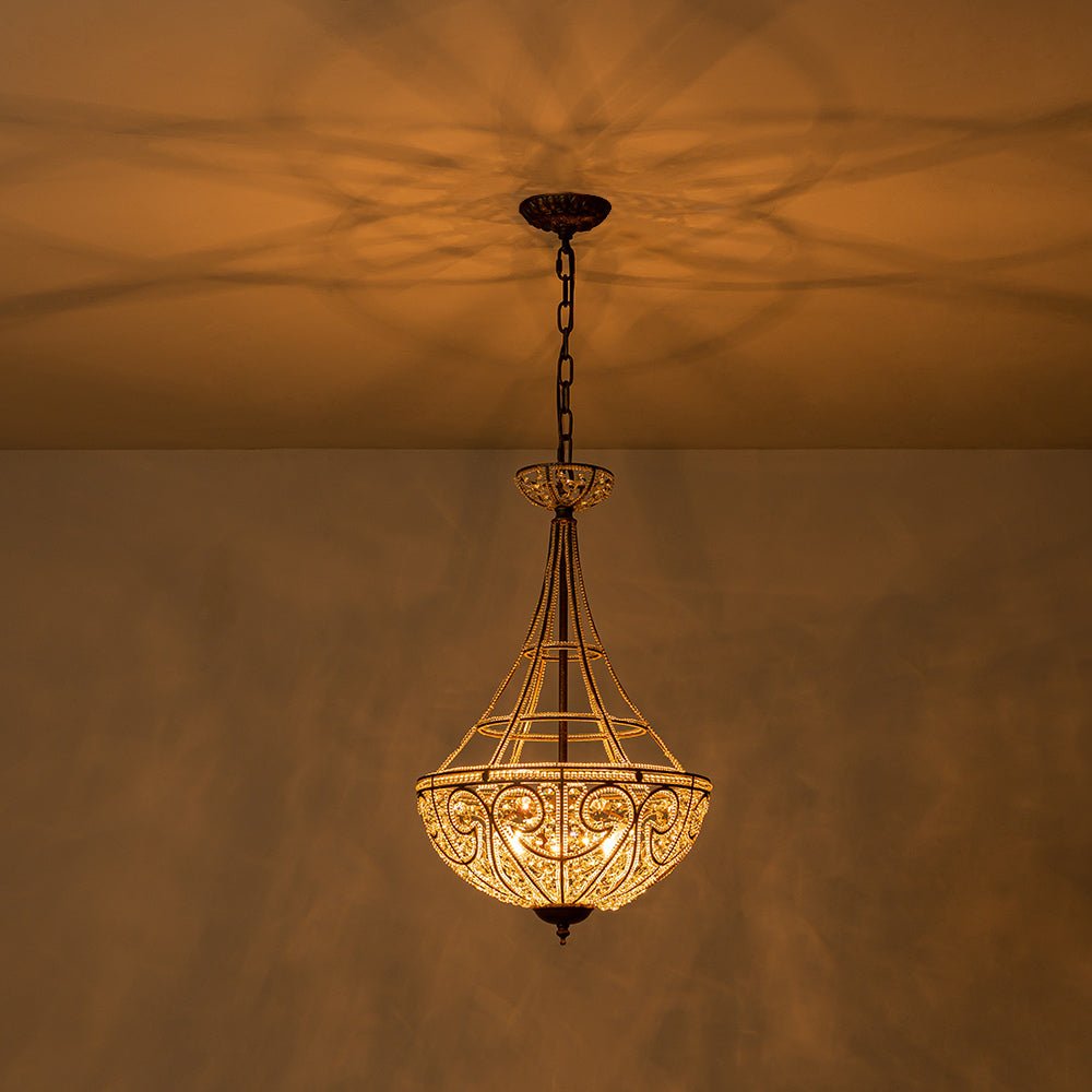 French Vintage Mottled Bronze 4-Light Crystal Chandelier Pendant, Empire Style
