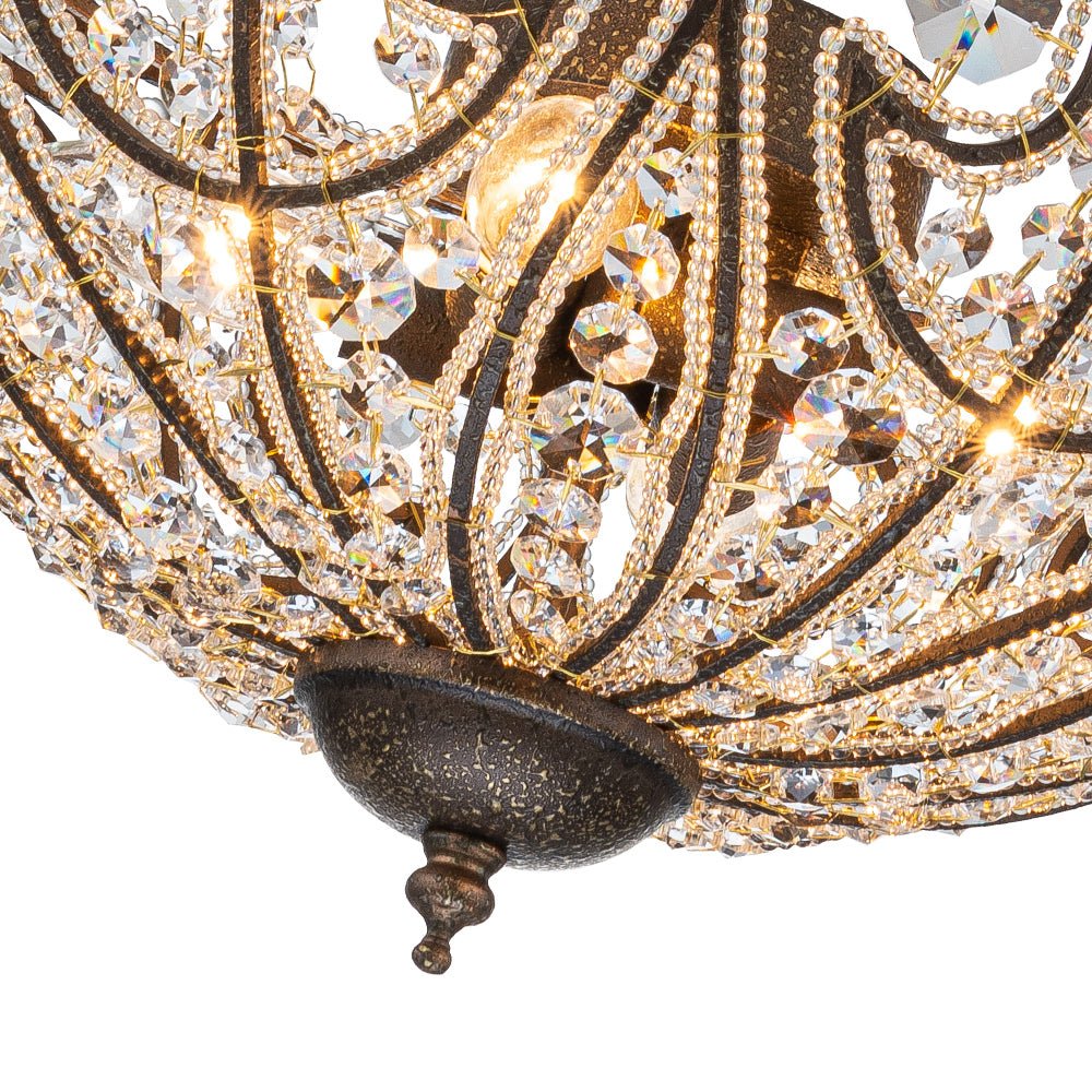 French Vintage Mottled Bronze 4-Light Crystal Chandelier Pendant, Empire Style