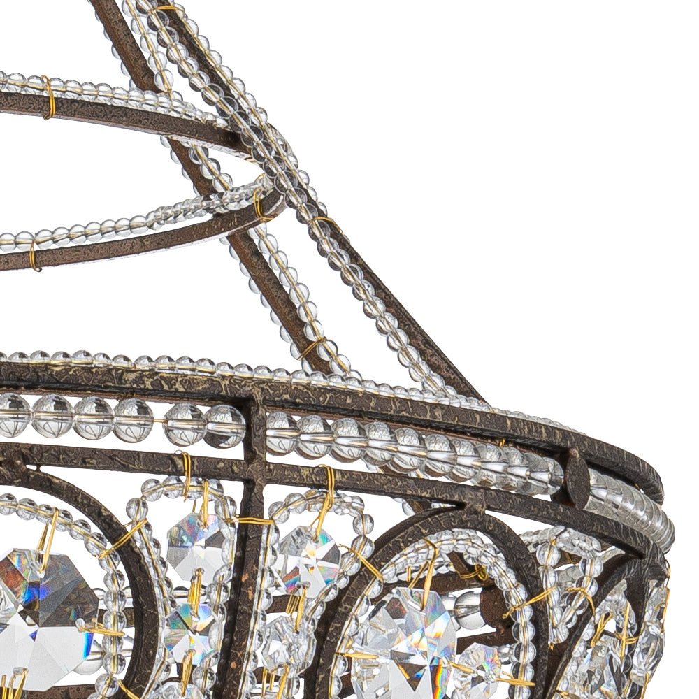 French Vintage Mottled Bronze 4-Light Crystal Chandelier Pendant, Empire Style