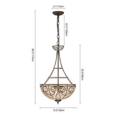French Vintage Mottled Bronze 4-Light Crystal Chandelier Pendant, Empire Style