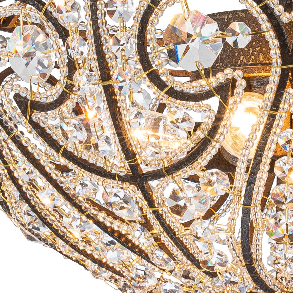 French Vintage Mottled Bronze 4-Light Crystal Chandelier Pendant, Empire Style