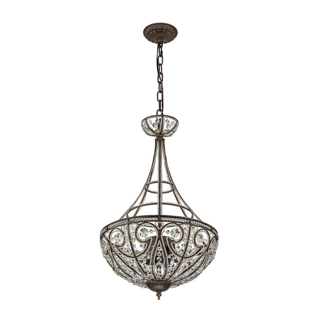 French Vintage Mottled Bronze 4-Light Crystal Chandelier Pendant, Empire Style