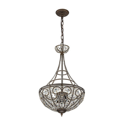 French Vintage Mottled Bronze 4-Light Crystal Chandelier Pendant, Empire Style