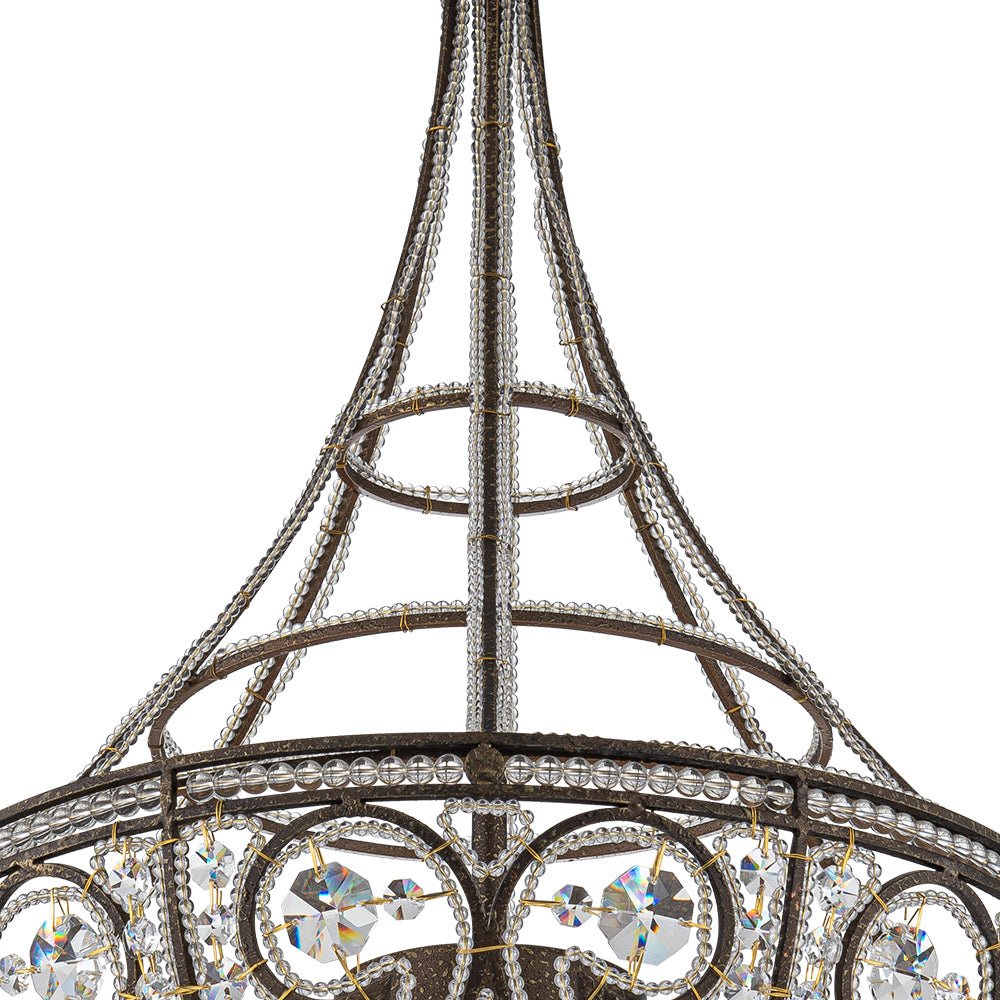 French Vintage Mottled Bronze 4-Light Crystal Chandelier Pendant, Empire Style