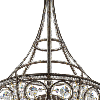 French Vintage Mottled Bronze 4-Light Crystal Chandelier Pendant, Empire Style