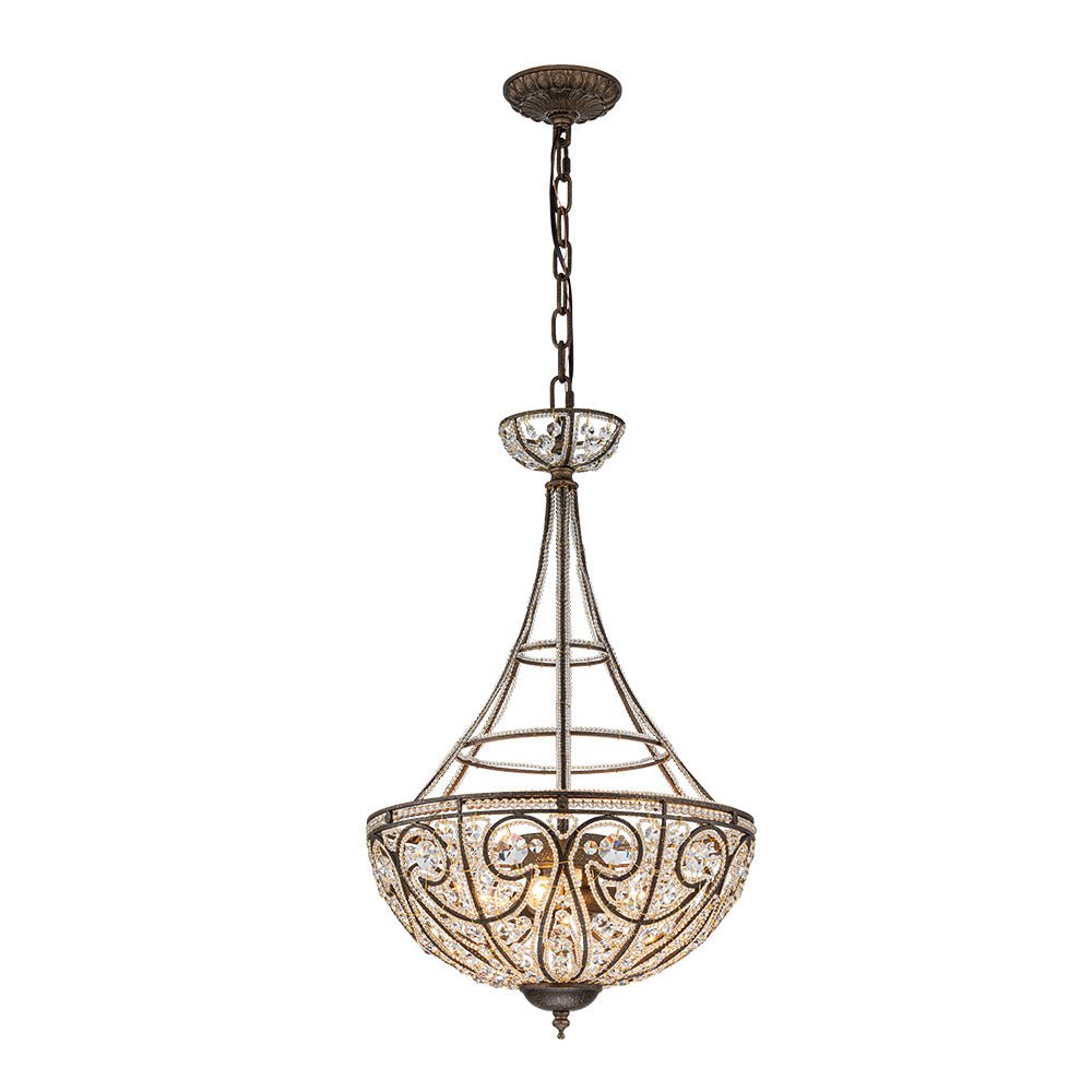 French Vintage Mottled Bronze 4-Light Crystal Chandelier Pendant, Empire Style