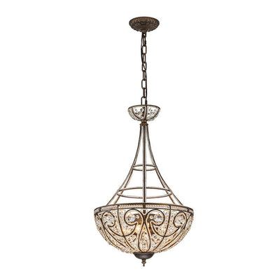 French Vintage Mottled Bronze 4-Light Crystal Chandelier Pendant, Empire Style