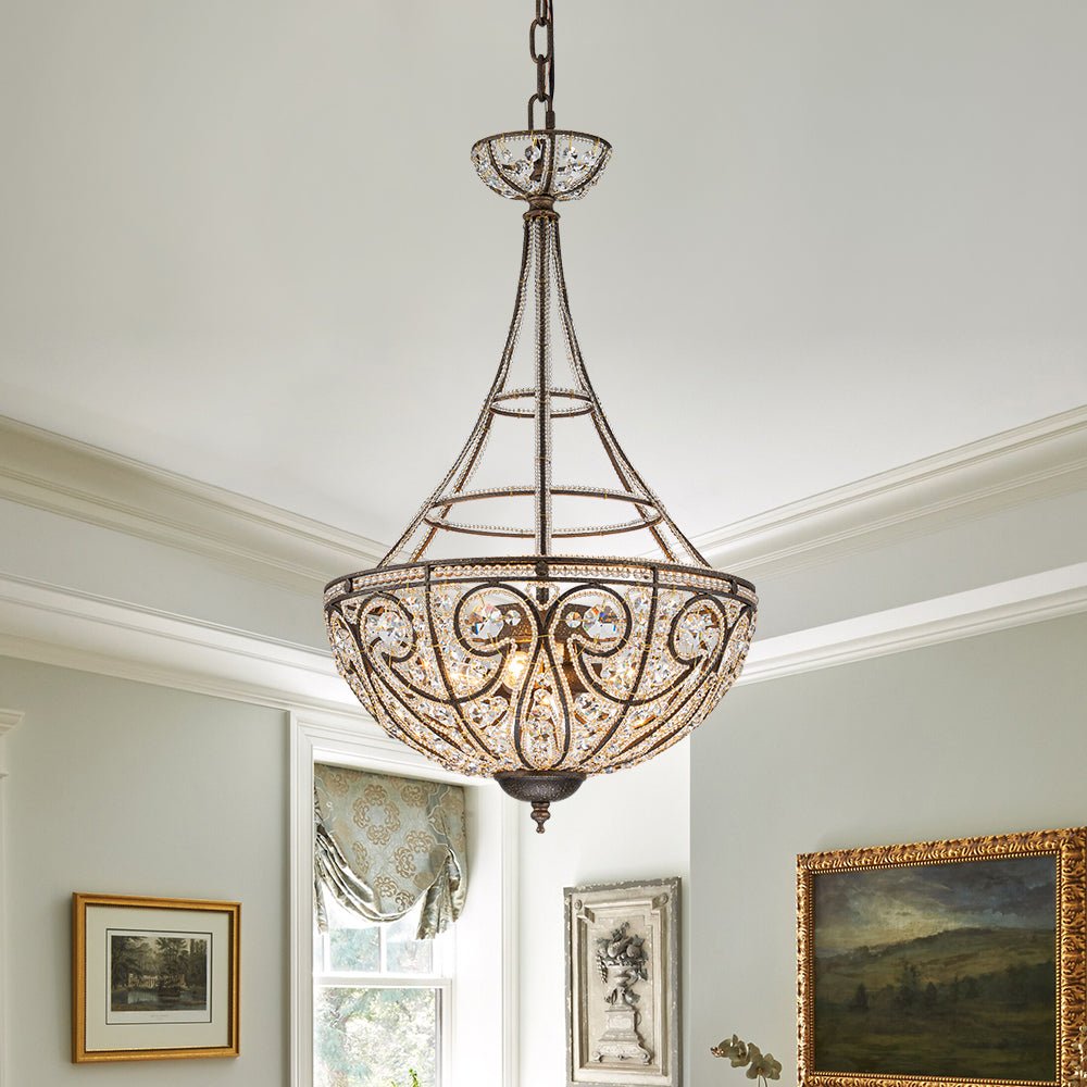 French Vintage Mottled Bronze 4-Light Crystal Chandelier Pendant, Empire Style