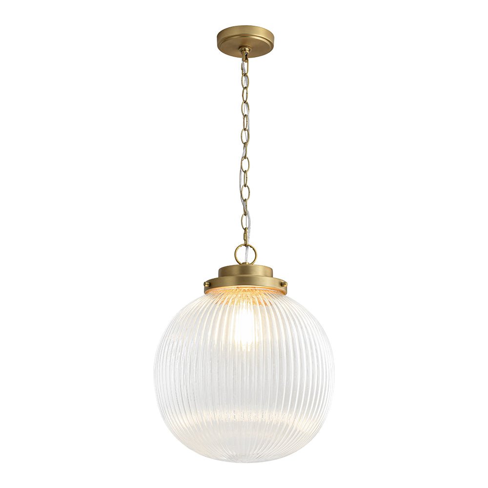Elegant Ribbed Glass Globe Pendant Light, Brushed Brass Finish, Adjustable Height Fixture