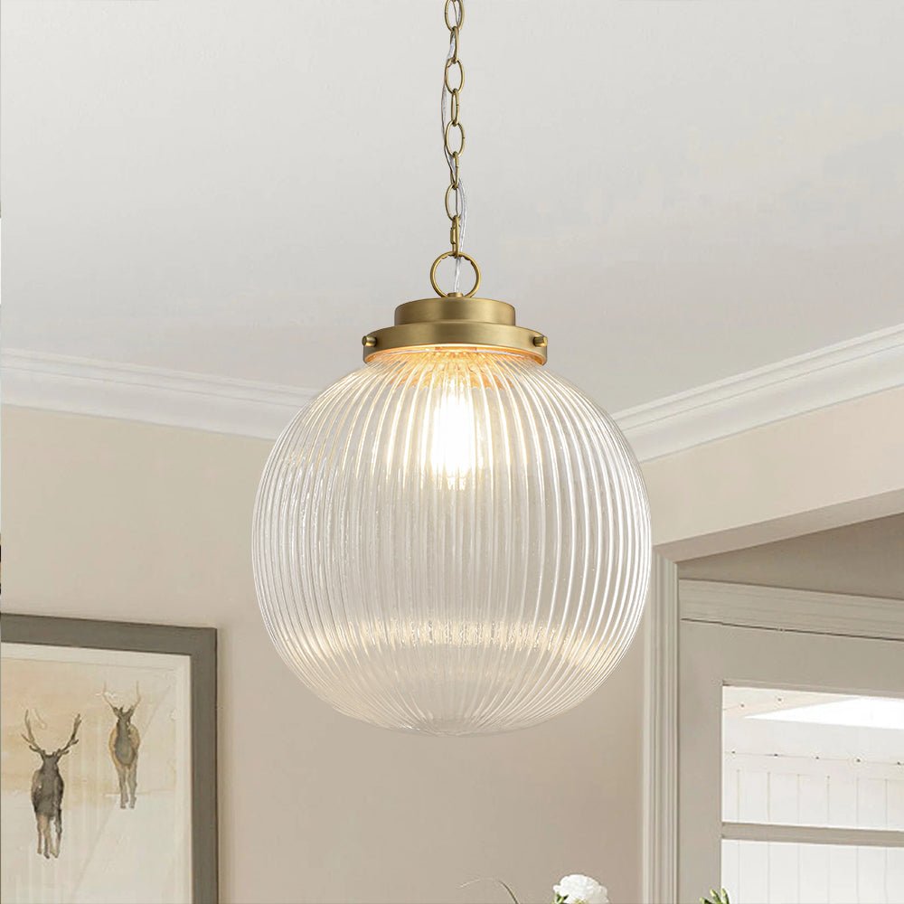 Elegant Ribbed Glass Globe Pendant Light, Brushed Brass Finish, Adjustable Height Fixture