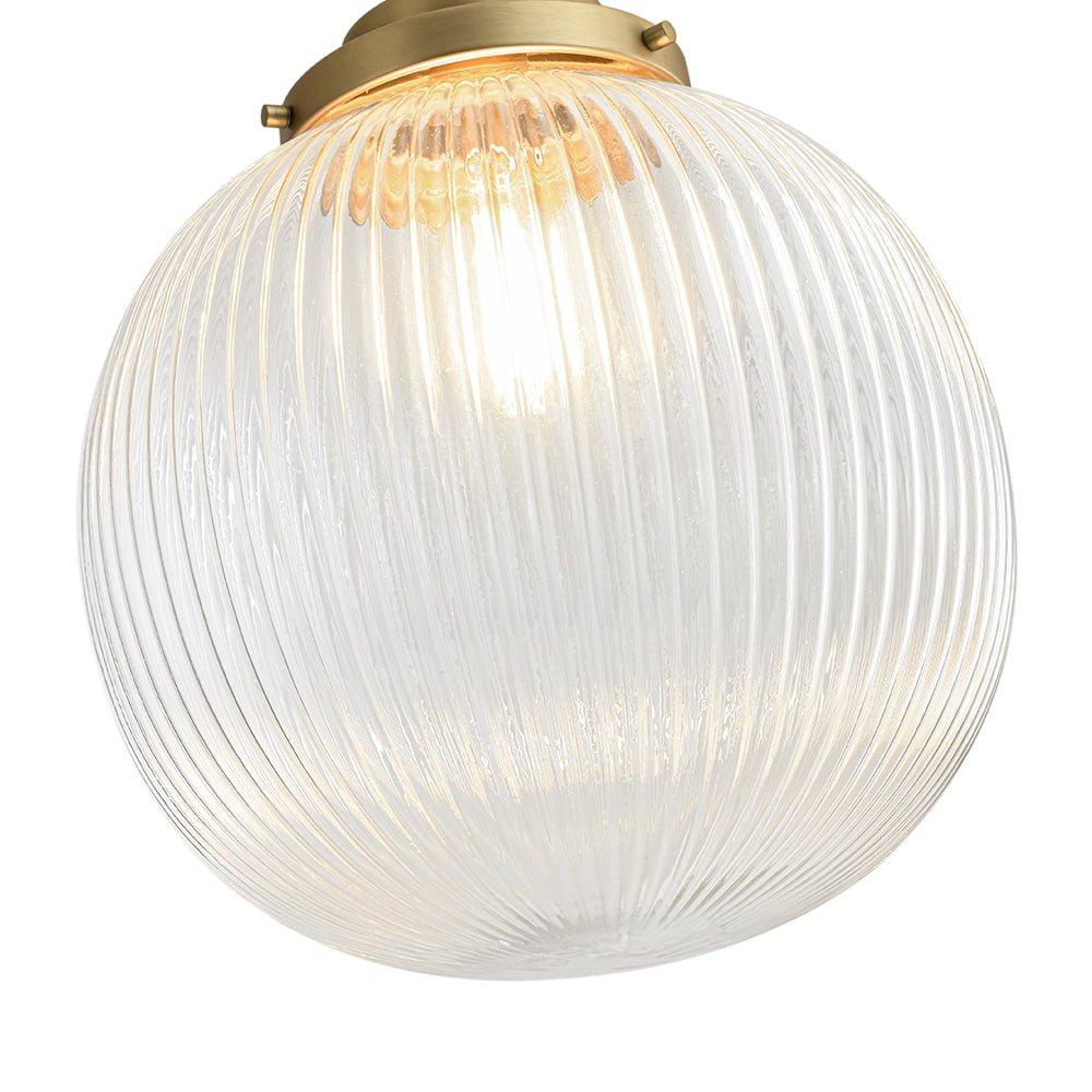 Elegant Ribbed Glass Globe Pendant Light, Brushed Brass Finish, Adjustable Height Fixture
