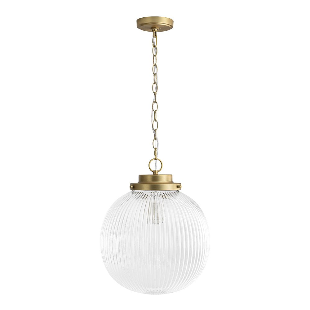Elegant Ribbed Glass Globe Pendant Light, Brushed Brass Finish, Adjustable Height Fixture