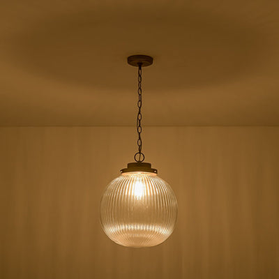 Elegant Ribbed Glass Globe Pendant Light, Brushed Brass Finish, Adjustable Height Fixture