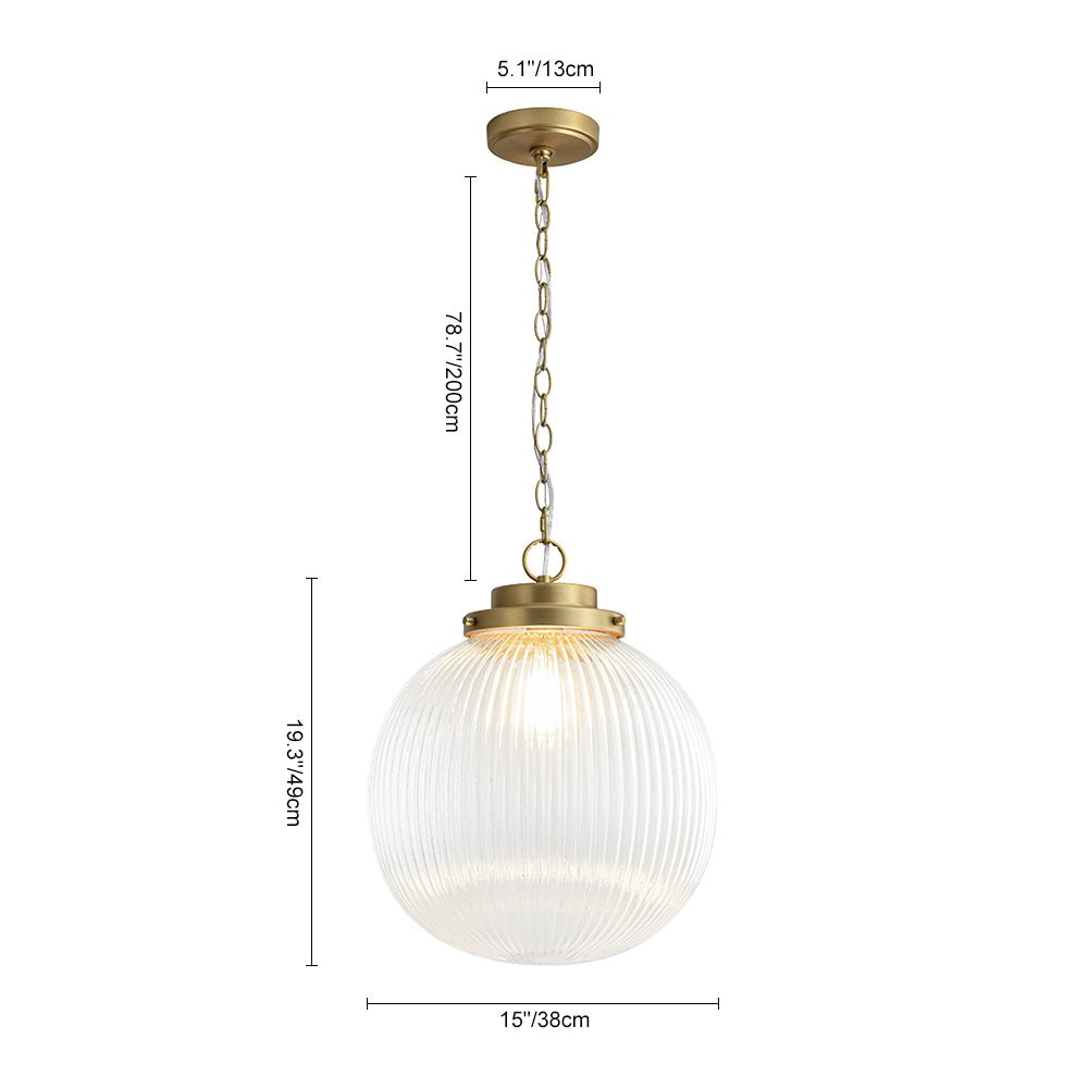 Elegant Ribbed Glass Globe Pendant Light, Brushed Brass Finish, Adjustable Height Fixture