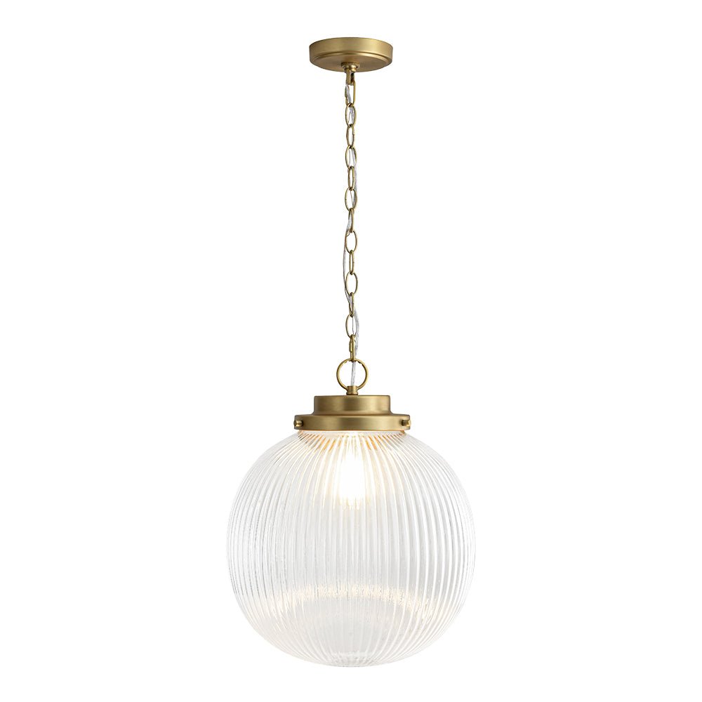 Elegant Ribbed Glass Globe Pendant Light, Brushed Brass Finish, Adjustable Height Fixture