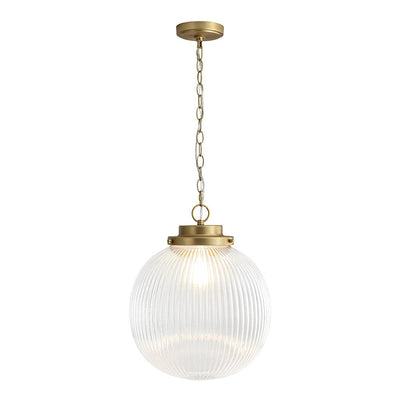 Elegant Ribbed Glass Globe Pendant Light, Brushed Brass Finish, Adjustable Height Fixture