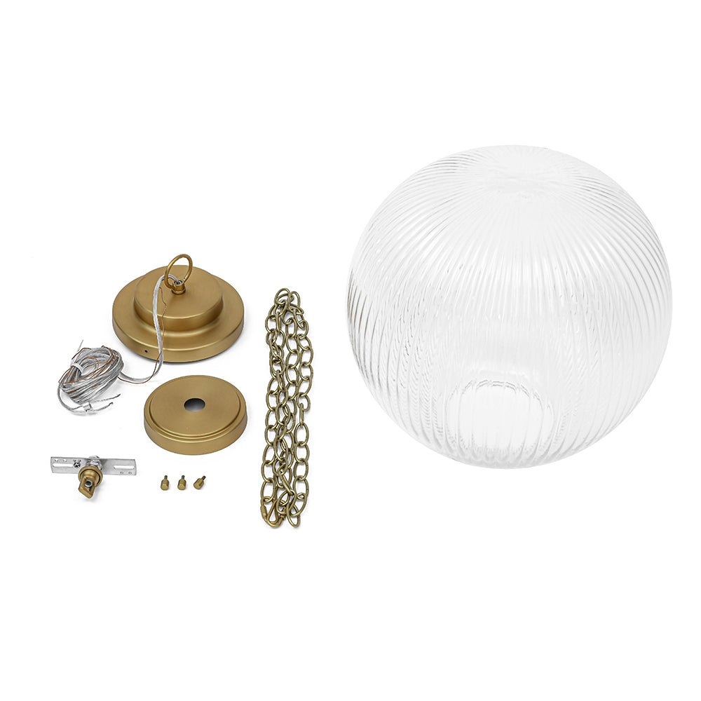 Elegant Ribbed Glass Globe Pendant Light, Brushed Brass Finish, Adjustable Height Fixture