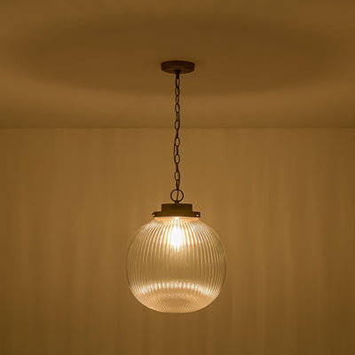 Elegant Ribbed Glass Globe Pendant Light, Brushed Brass Finish, Adjustable Height Fixture
