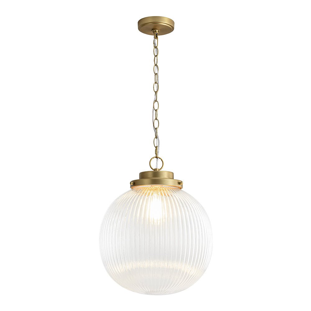 Elegant Ribbed Glass Globe Pendant Light, Brushed Brass Finish, Adjustable Height Fixture