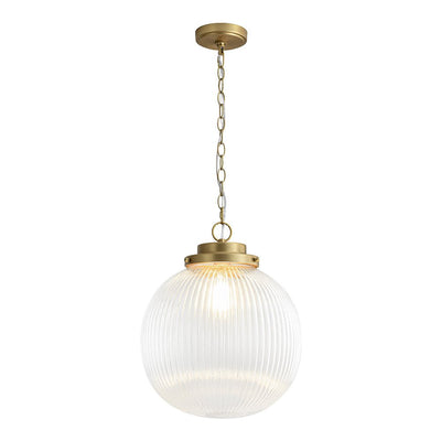 Elegant Ribbed Glass Globe Pendant Light, Brushed Brass Finish, Adjustable Height Fixture