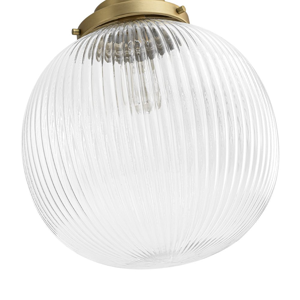 Elegant Ribbed Glass Globe Pendant Light, Brushed Brass Finish, Adjustable Height Fixture