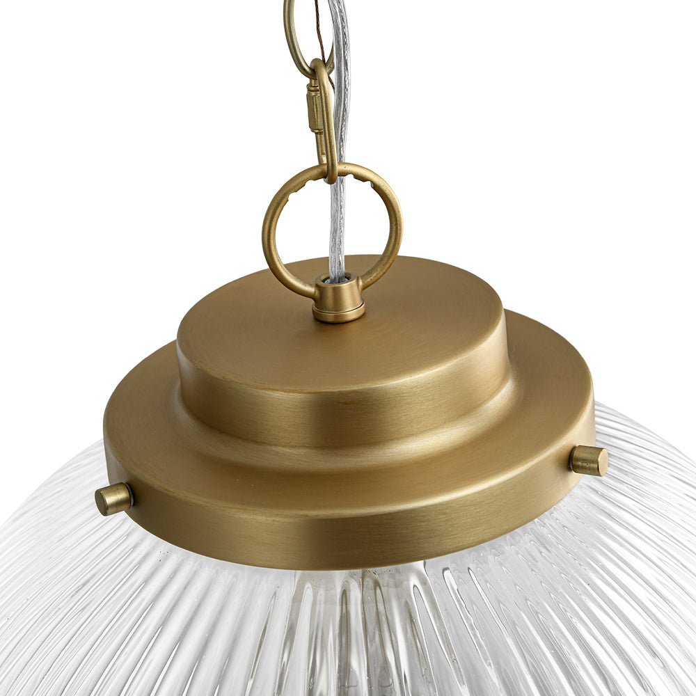 Elegant Ribbed Glass Globe Pendant Light, Brushed Brass Finish, Adjustable Height Fixture