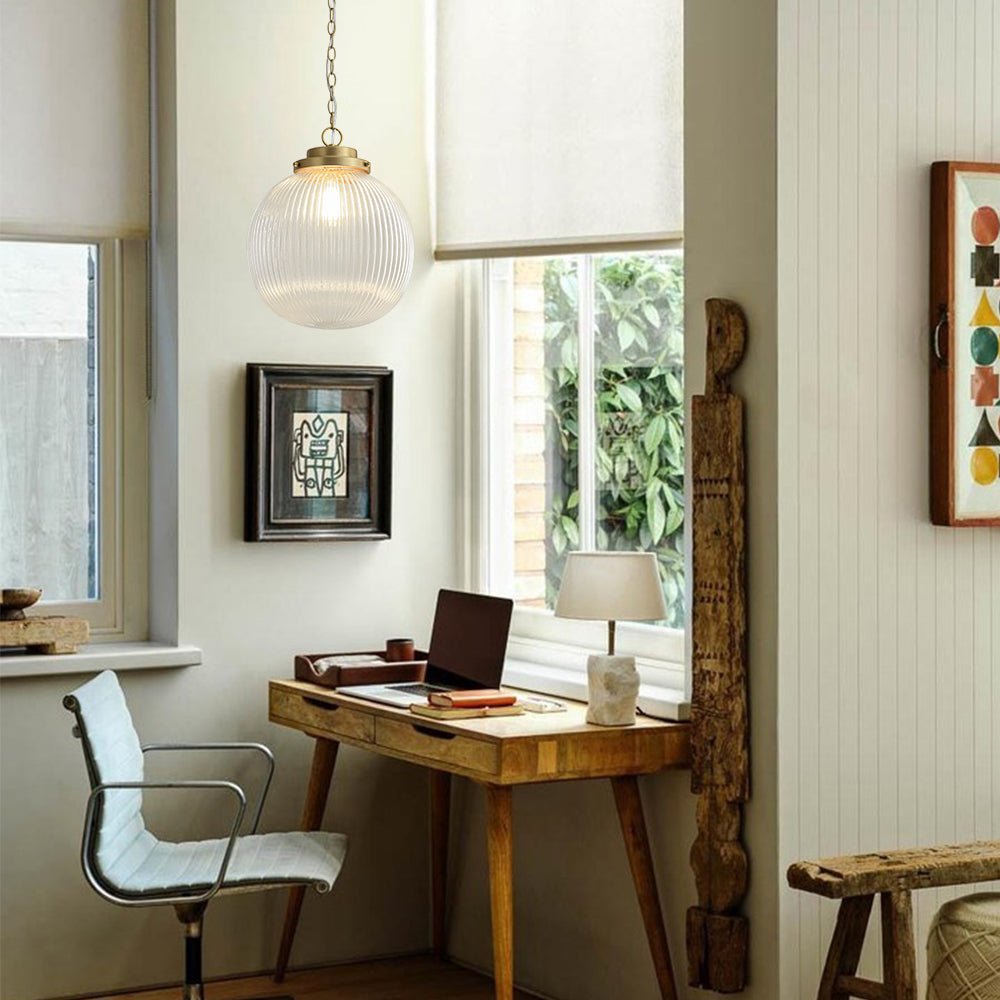 Elegant Ribbed Glass Globe Pendant Light, Brushed Brass Finish, Adjustable Height Fixture