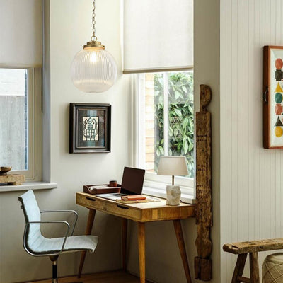 Elegant Ribbed Glass Globe Pendant Light, Brushed Brass Finish, Adjustable Height Fixture