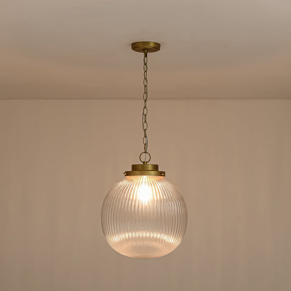 Elegant Ribbed Glass Globe Pendant Light, Brushed Brass Finish, Adjustable Height Fixture