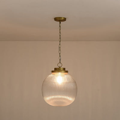 Elegant Ribbed Glass Globe Pendant Light, Brushed Brass Finish, Adjustable Height Fixture