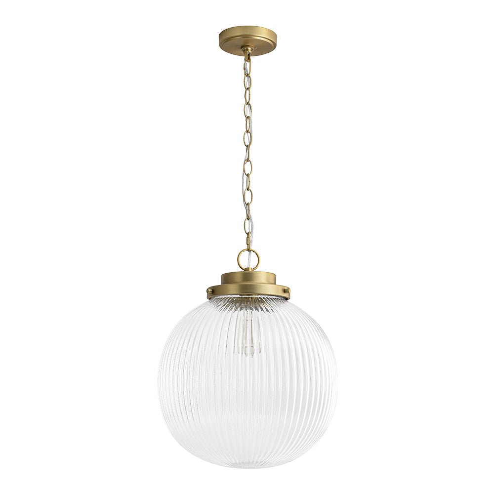 Elegant Ribbed Glass Globe Pendant Light, Brushed Brass Finish, Adjustable Height Fixture