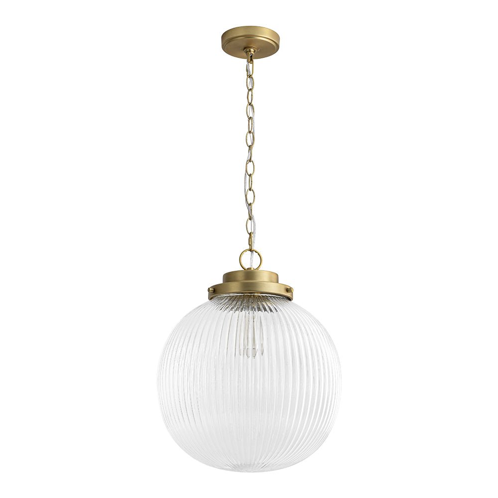 Elegant Ribbed Glass Globe Pendant Light, Brushed Brass Finish, Adjustable Height Fixture