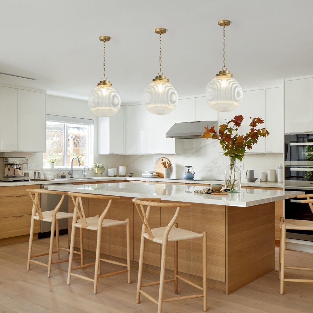 Elegant Ribbed Glass Globe Pendant Light, Brushed Brass Finish, Adjustable Height Fixture