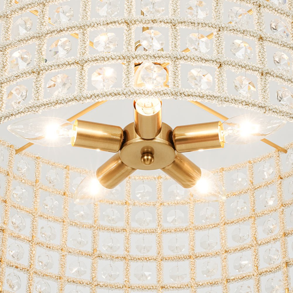 Elegant 5-Light Dimmable Crystal Drum Pendant with Brushed Brass Accents